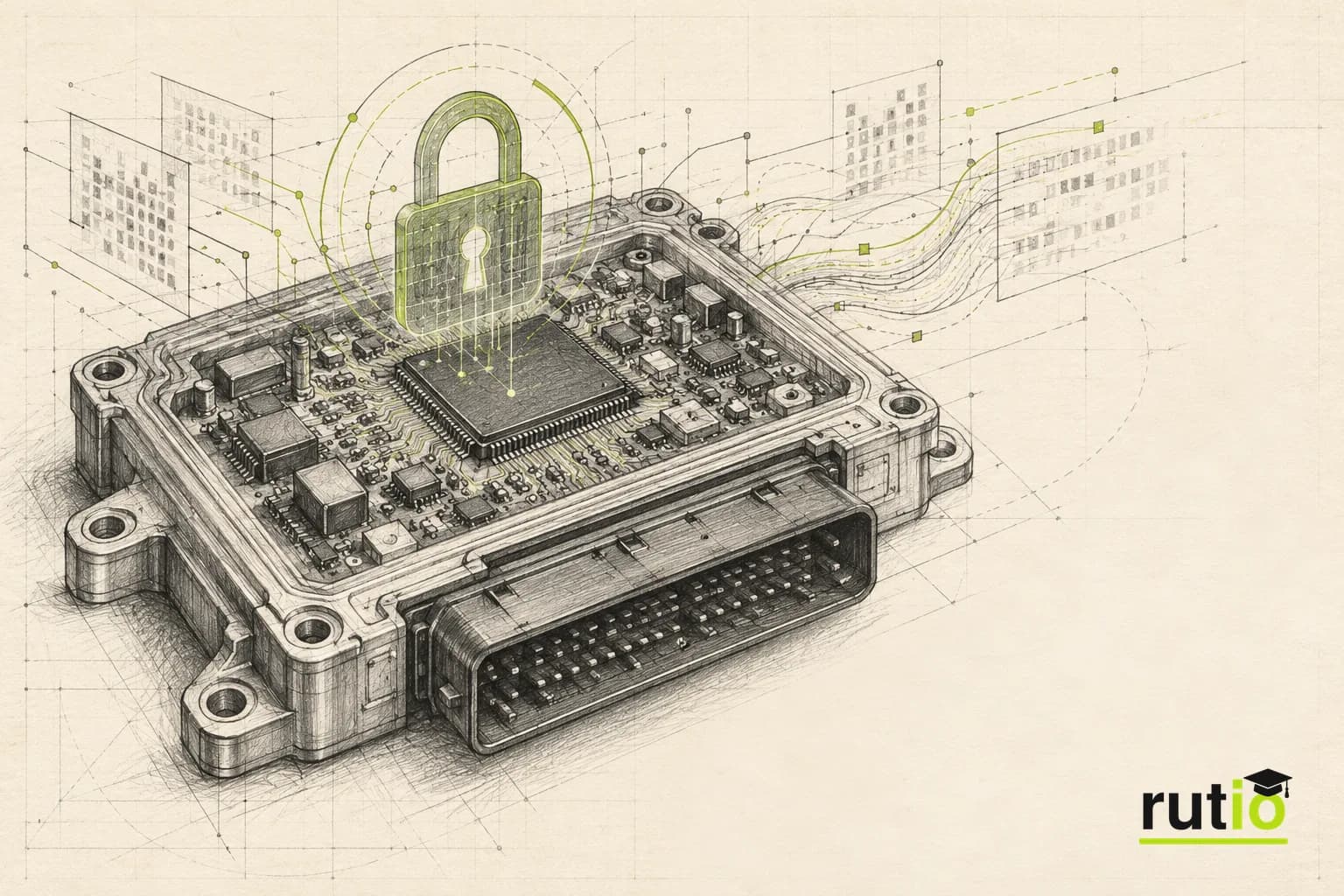 Ilustración editorial de un módulo electrónico con un candado abstracto superpuesto
