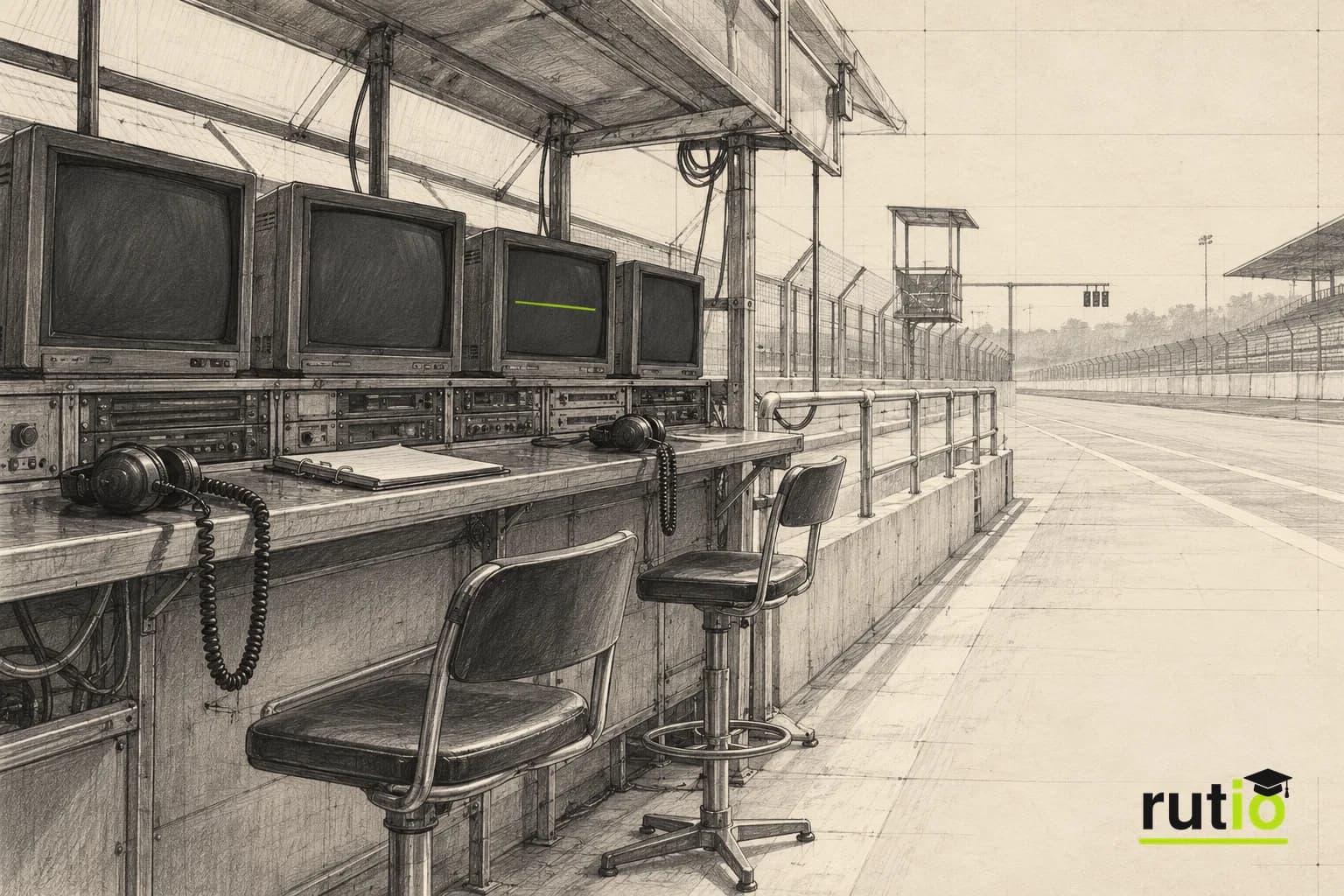 Ilustración editorial de un muro de boxes vacío de mediados de los noventa con monitores apagados