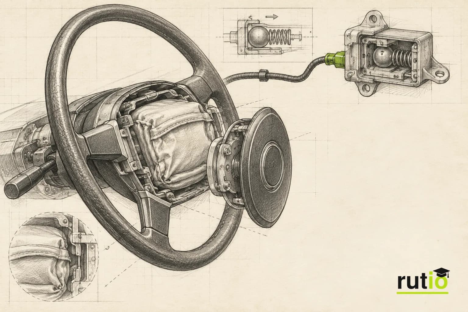 Ilustración editorial técnica de un volante de mediados de los setenta en corte, con el airbag plegado y un sensor de impacto conectado