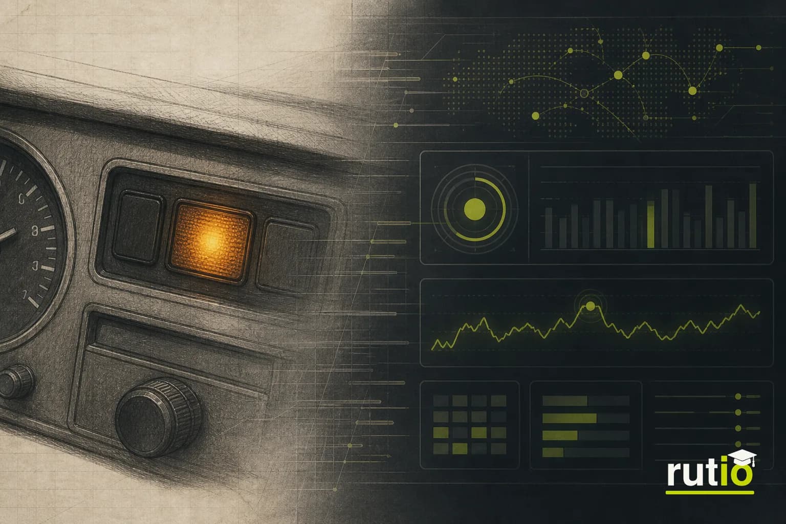 Transición visual entre una luz Check Engine de tablero analógico de los años ochenta y una alerta moderna de un vehículo o flota