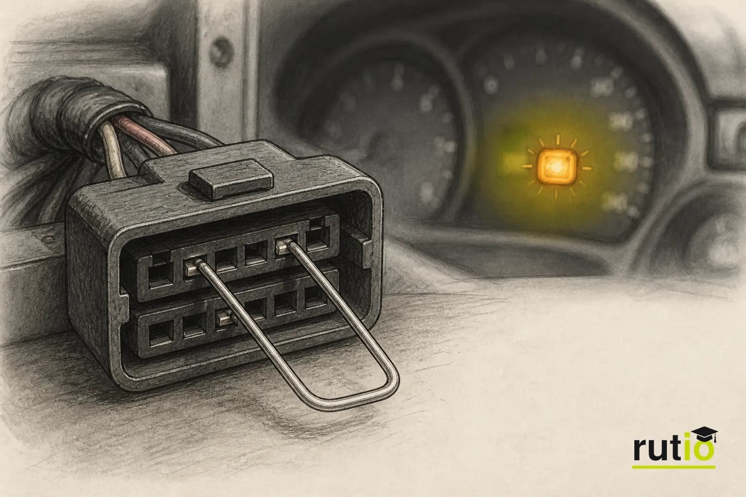 Ilustración editorial de un conector de diagnóstico genérico de comienzos de los ochenta con un clip metálico puenteando dos terminales