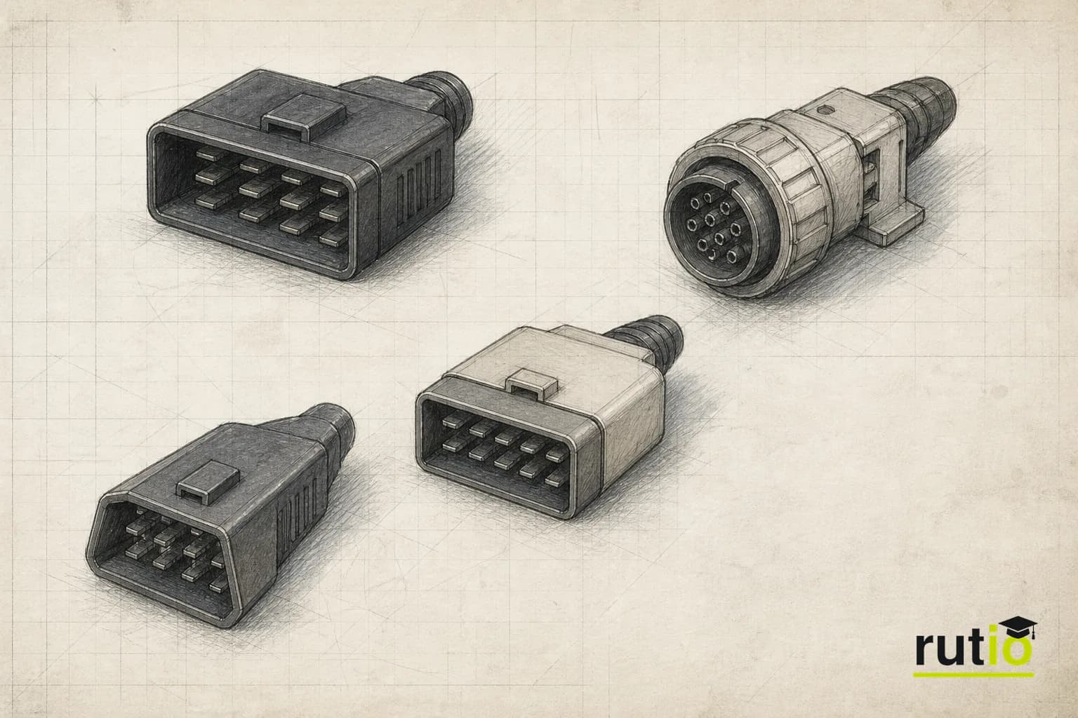 Ilustración editorial de varios conectores de diagnóstico propietarios y distintos entre sí de comienzos de los ochenta