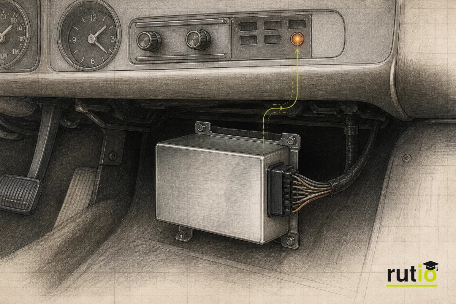 Ilustración editorial de un módulo electrónico genérico de comienzos de los ochenta conectado a un tablero de auto