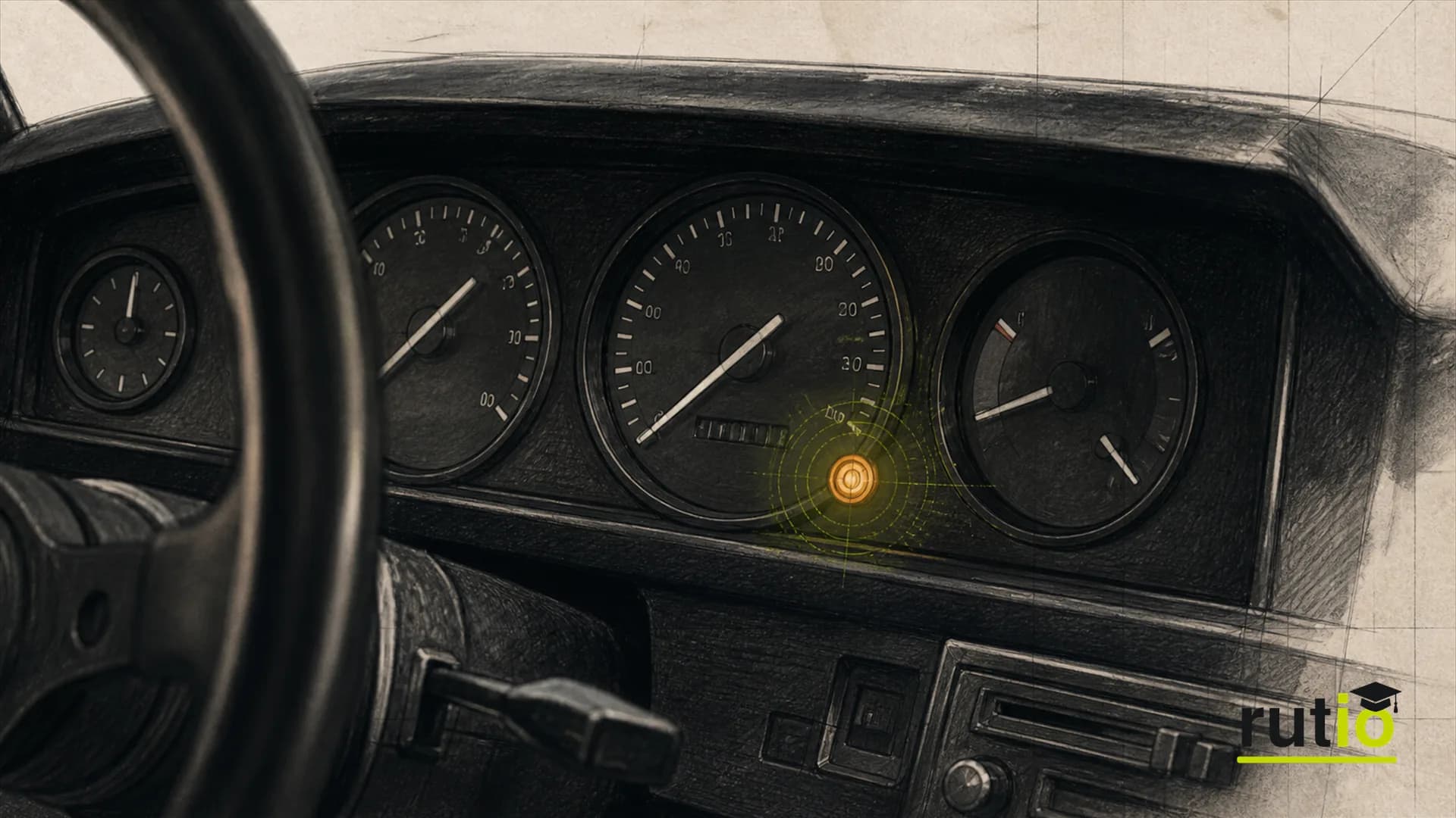 Ilustración editorial de un tablero analógico de un auto de comienzos de los años ochenta con una luz de advertencia ámbar encendida