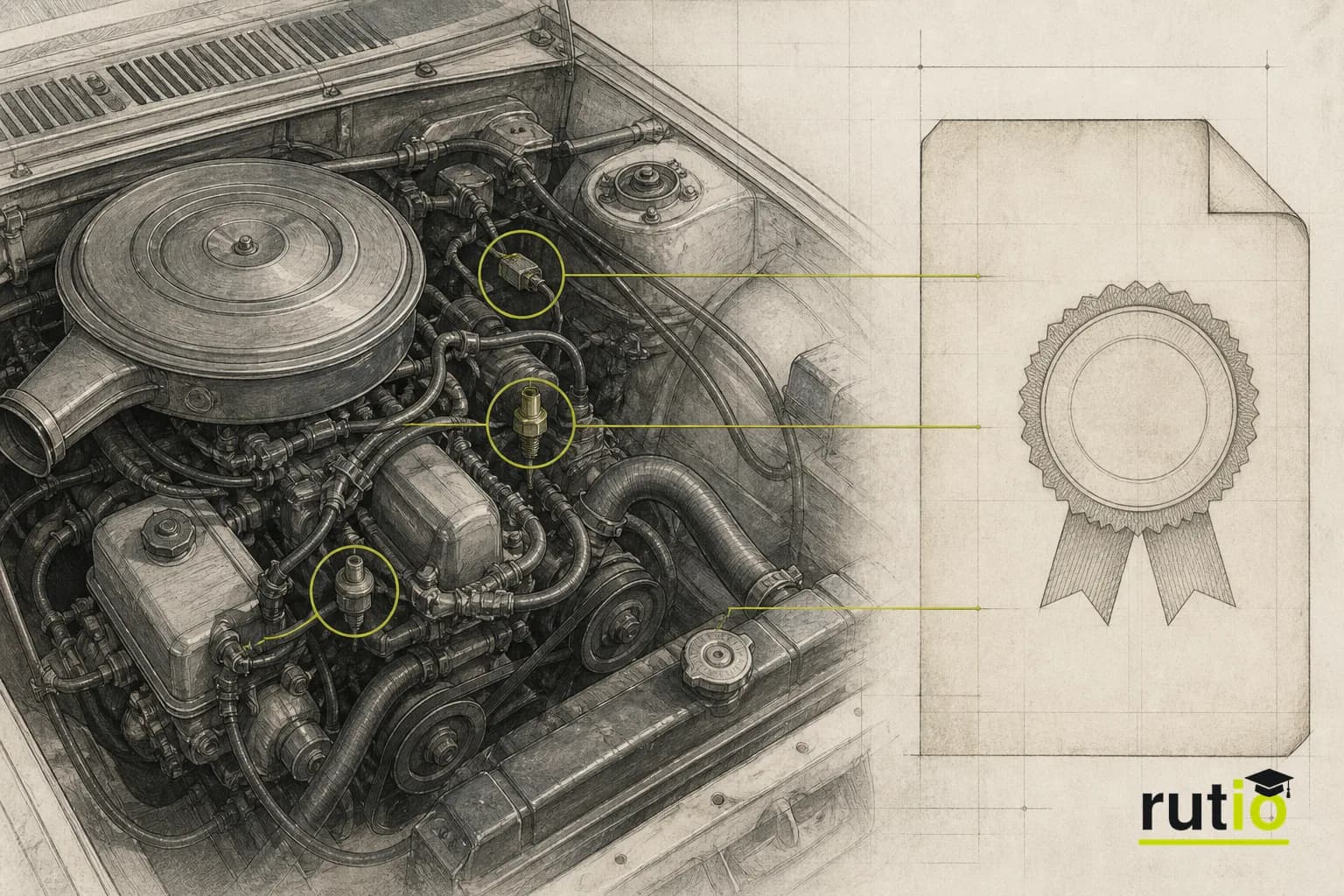 Ilustración editorial de un documento regulatorio genérico de los años setenta junto a un motor de auto con sensores destacados
