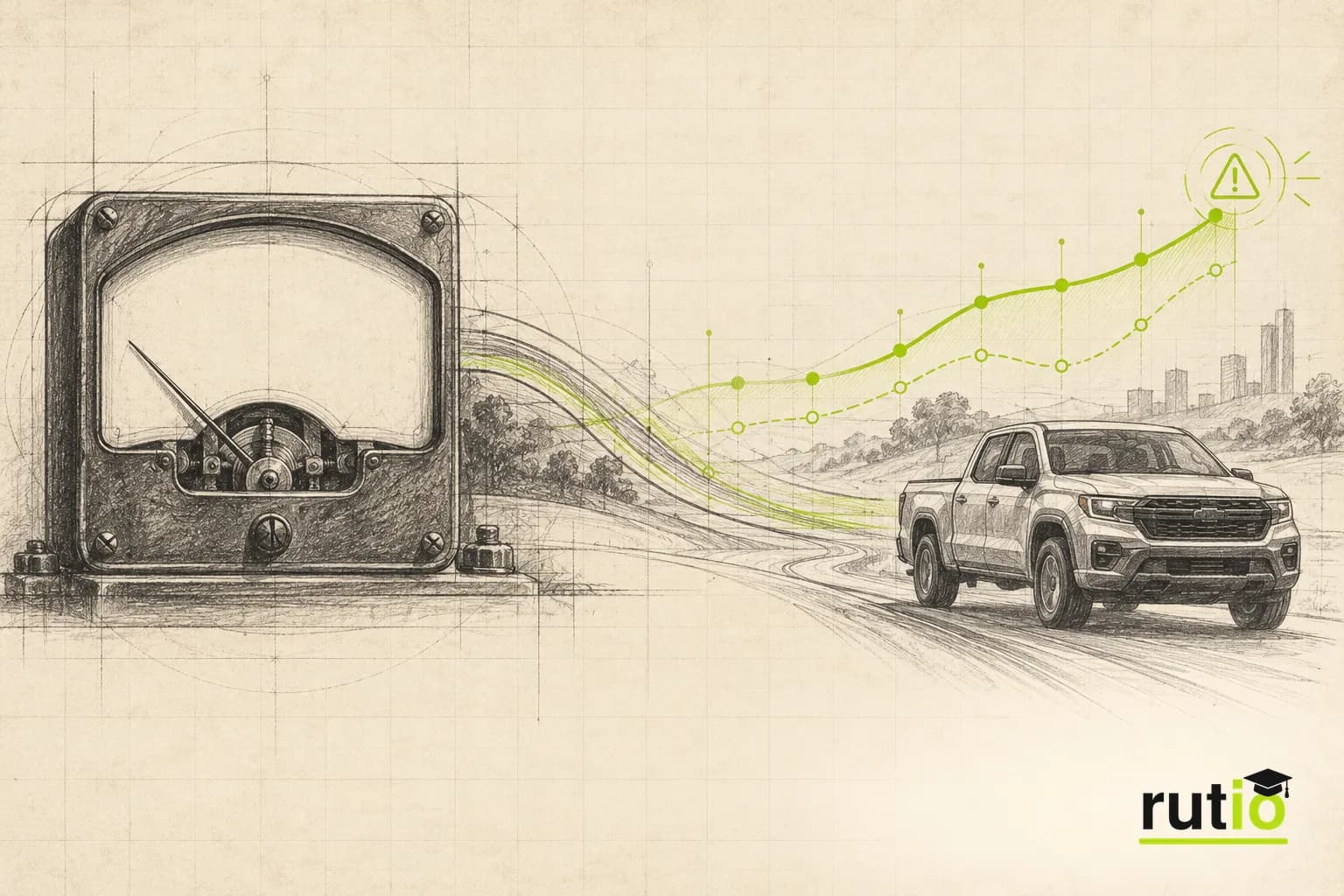 Transición visual entre un voltímetro analógico de época y una camioneta moderna con la tendencia semanal y mensual de su batería