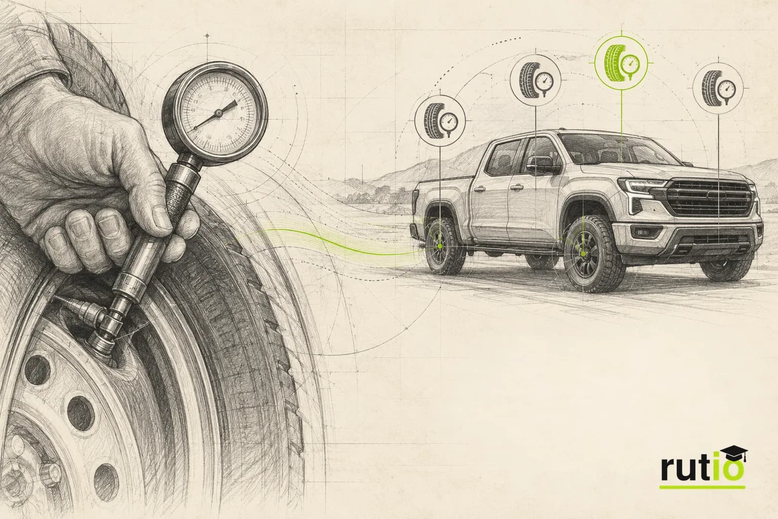 Transición visual entre un manómetro de neumáticos manual de época y una camioneta moderna con indicadores de presión en sus cuatro ruedas