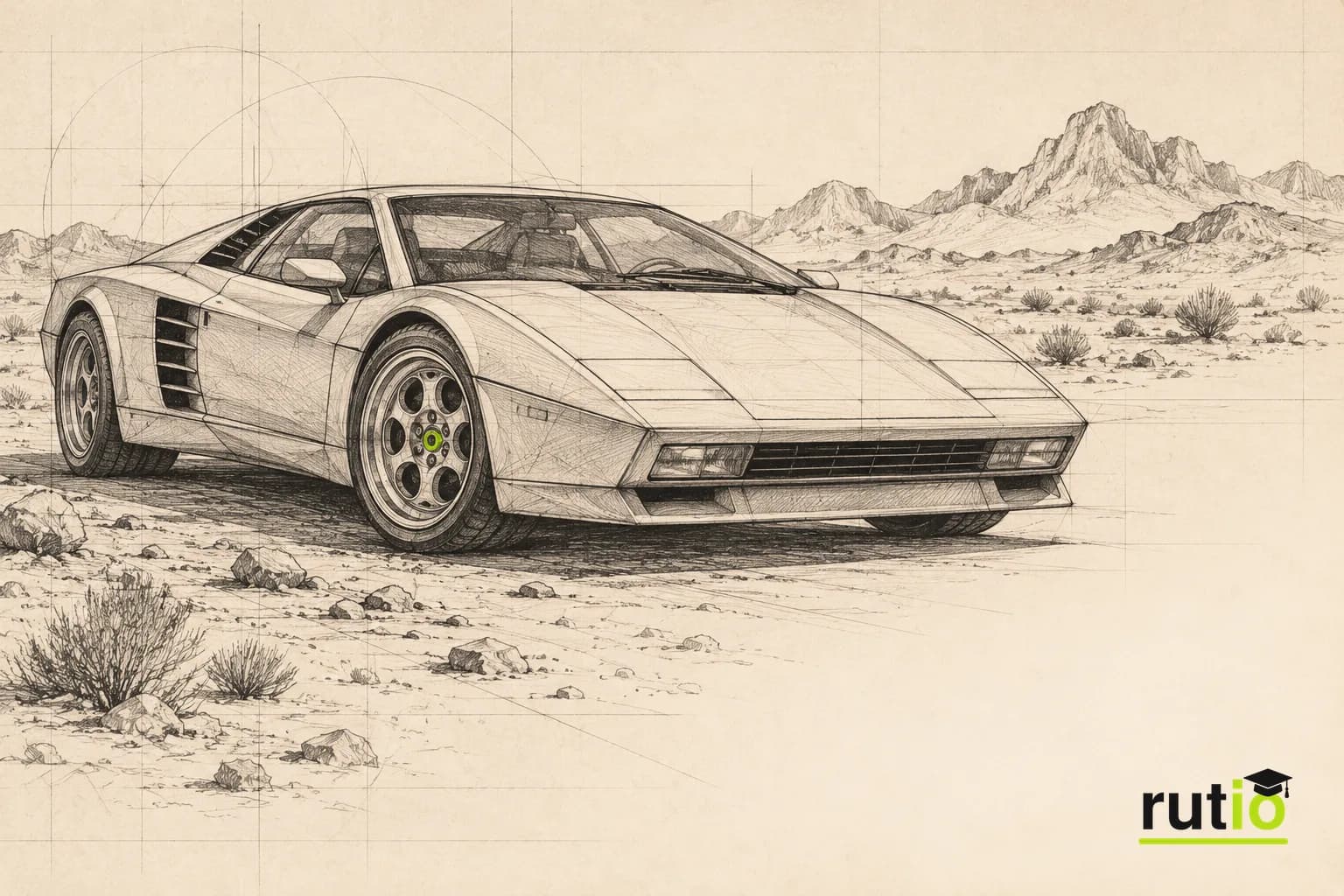 Ilustración editorial de un superdeportivo genérico de mediados de los años ochenta sobre un fondo de desierto