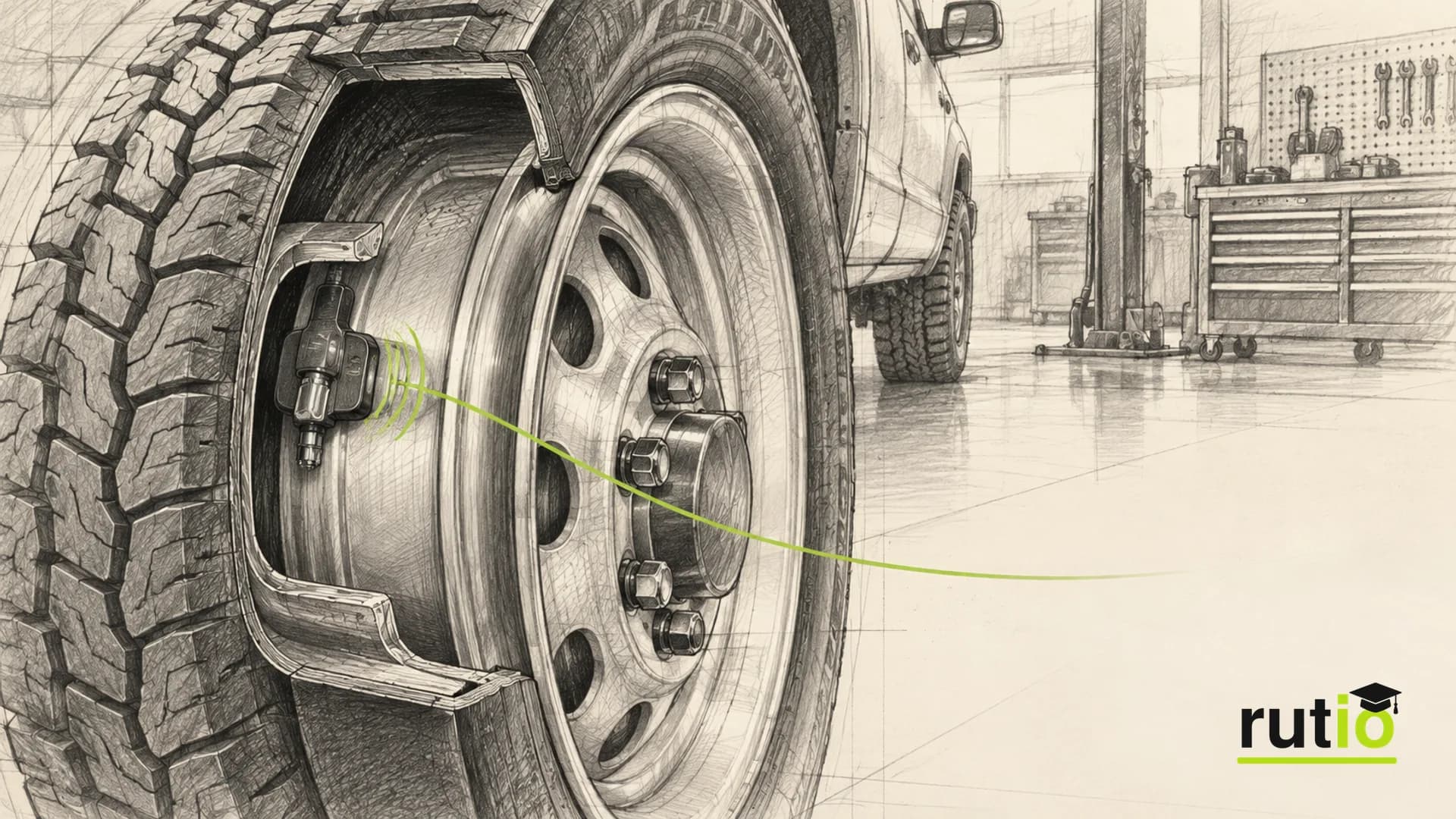 Ilustración editorial de un neumático de camioneta en corte con un sensor de presión montado en la llanta