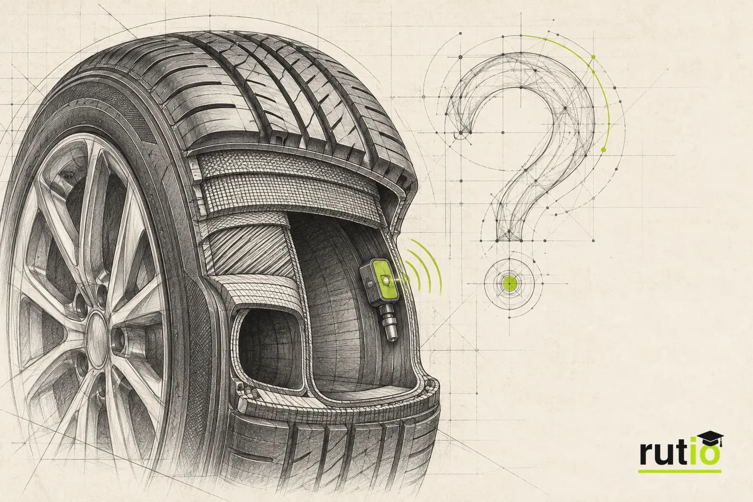 Ilustración editorial de un neumático en corte con un sensor y un signo de interrogación abstracto a su lado