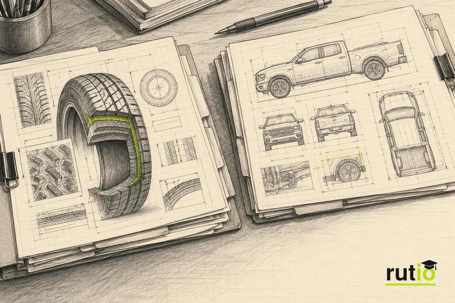 Ilustración editorial de dos carpetas de expediente técnico enfrentadas, una con un neumático en corte y otra con el plano de una camioneta
