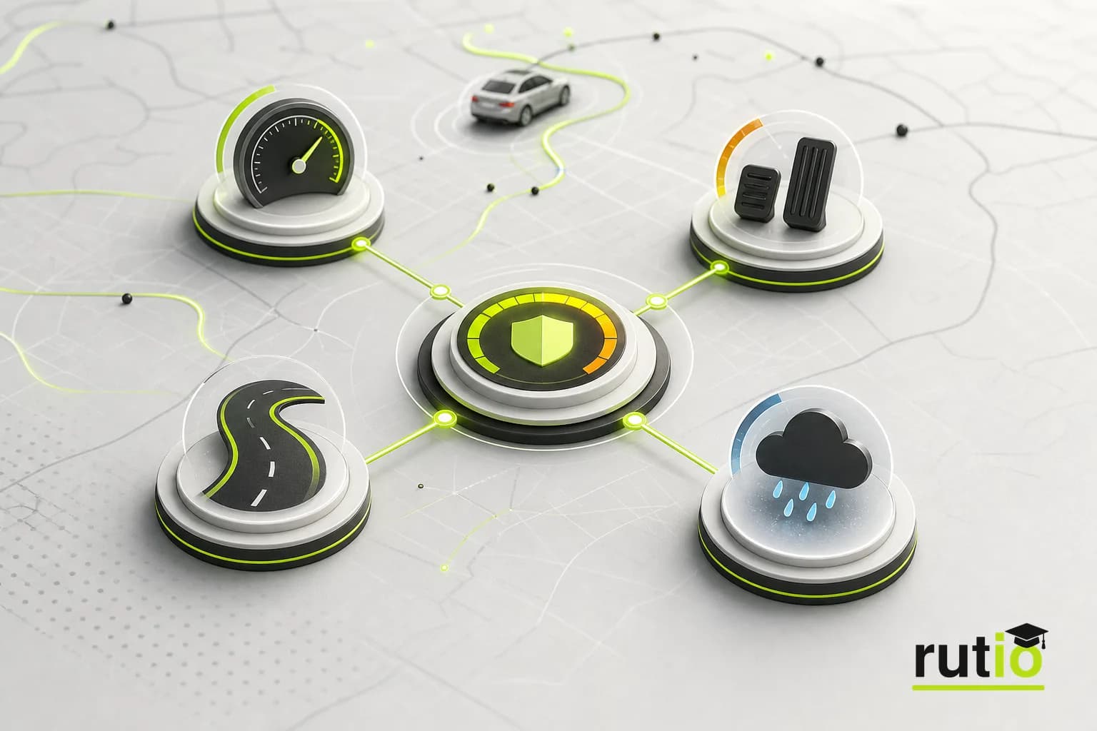 Factores ponderados del score: velocidad, maniobras bruscas, giros y clima