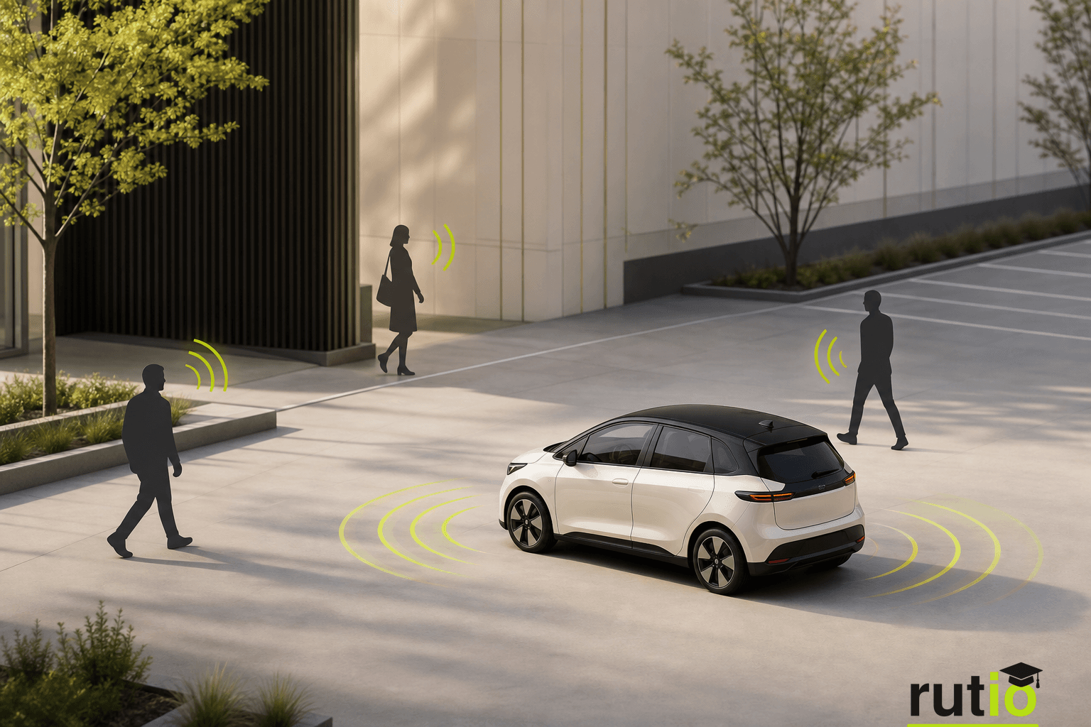 Auto eléctrico silencioso interactuando con peatones mediante alerta sonora preventiva