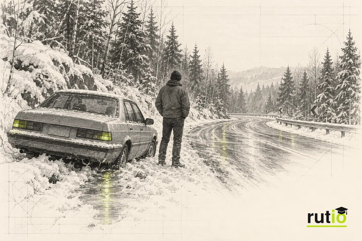 Ilustración editorial de un sedán de fines de los ochenta detenido en la banquina nevada de una ruta de bosque