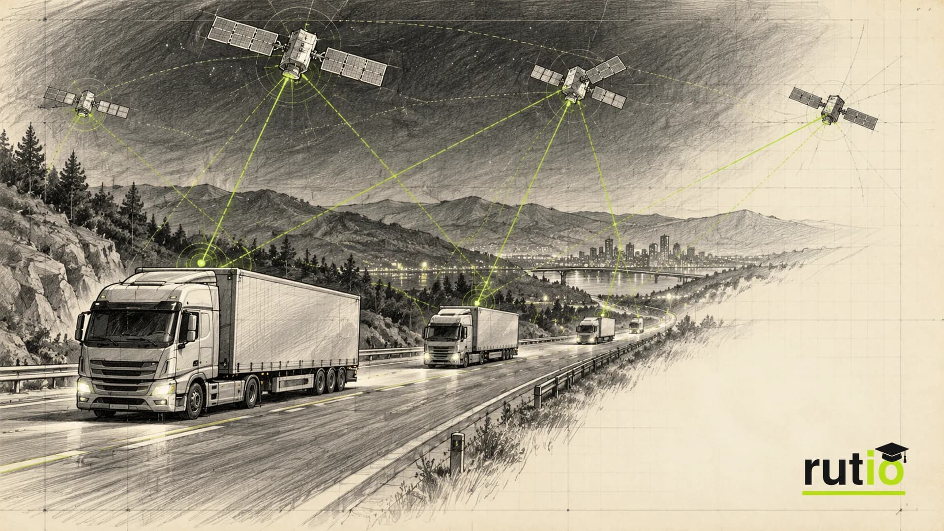Ilustración editorial nocturna de una autopista con camiones, unidos por líneas de señal a una constelación de satélites