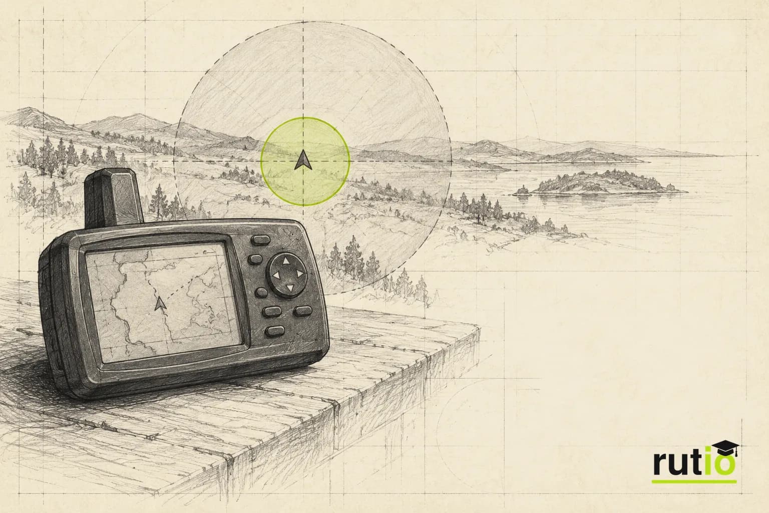 Ilustración editorial de un receptor GPS de fines de los noventa con dos círculos de precisión, uno grande y difuso y otro pequeño y nítido