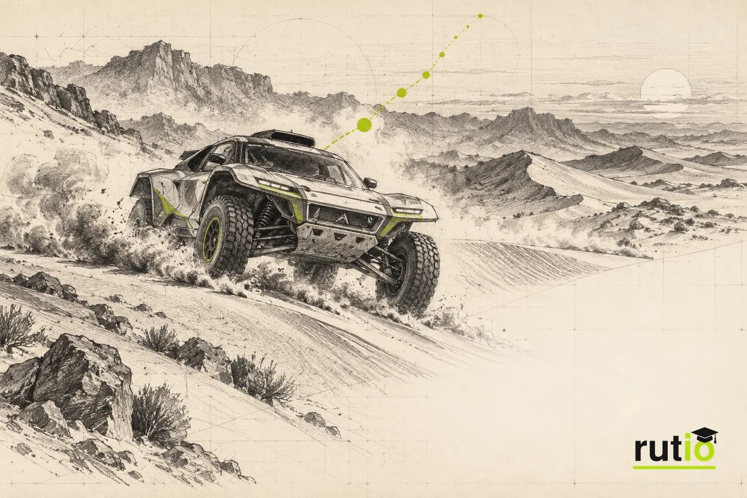Ilustración editorial de un vehículo de rally raid en las dunas, con un rastro de puntos de posición detrás suyo