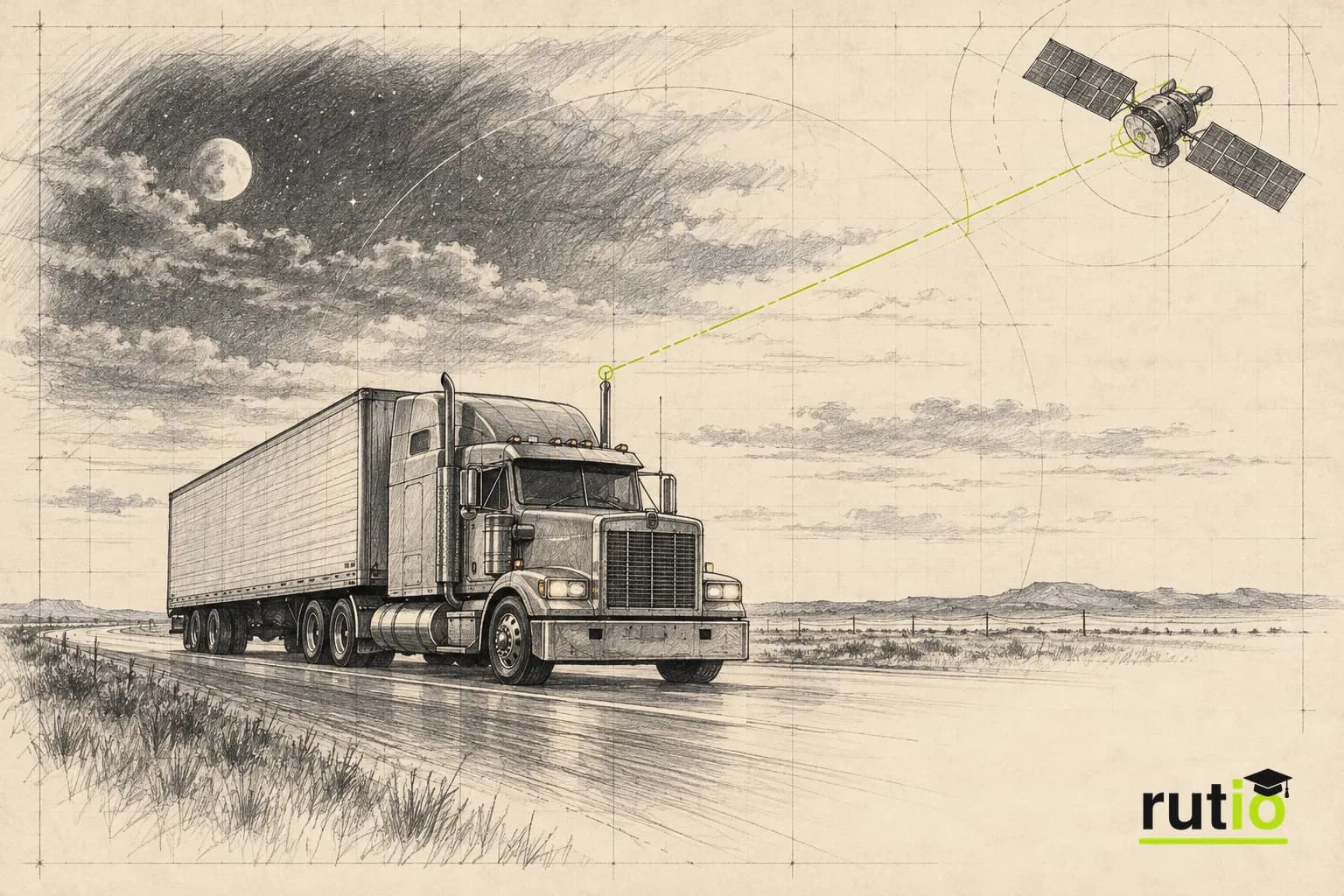 Ilustración editorial de un camión de larga distancia de fines de los ochenta con una antena sobre la cabina conectada a un satélite
