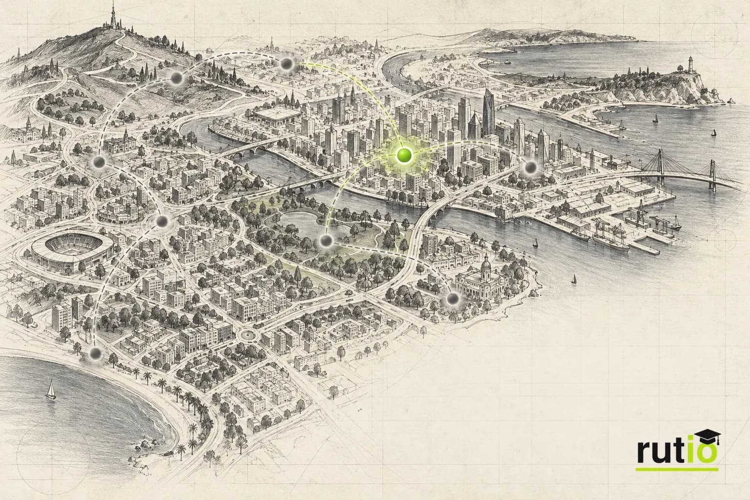 Ilustración editorial de un mapa de ciudad con un punto de posición que salta entre varias ubicaciones cercanas