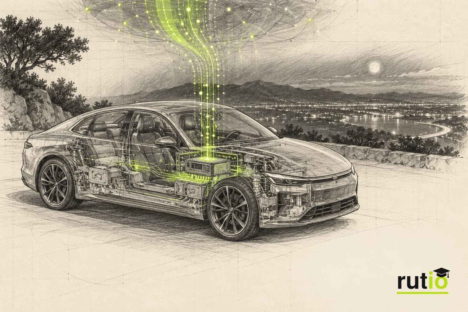 Ilustración editorial de un auto estacionado con su computadora interna visible y un flujo de datos que entra desde arriba