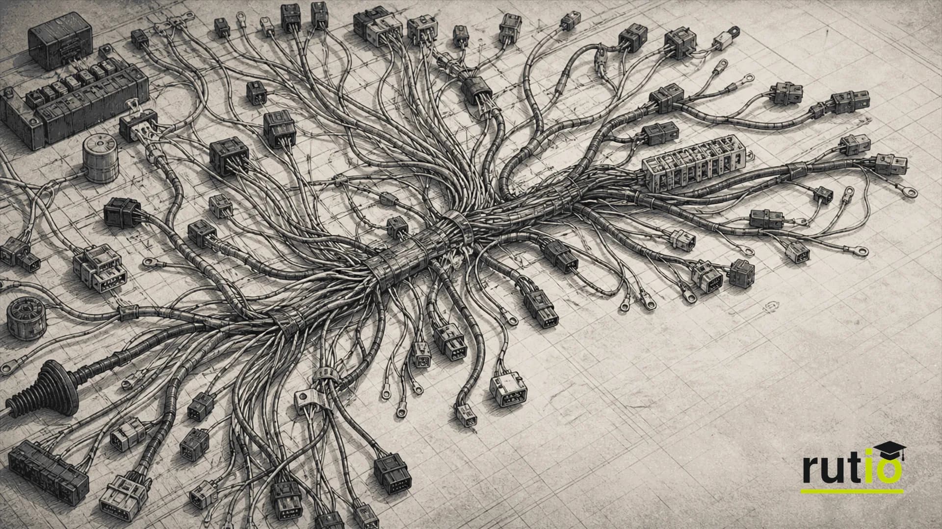 Ilustración editorial técnica de un arnés de cableado automotriz de mediados de los años ochenta, denso y sobrecargado