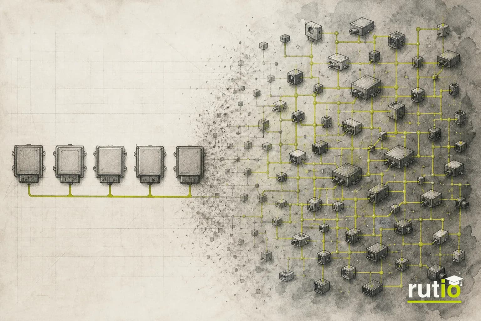 Ilustración editorial de la evolución desde cinco unidades de control conectadas por CAN-bus hasta una red densa de un vehículo moderno