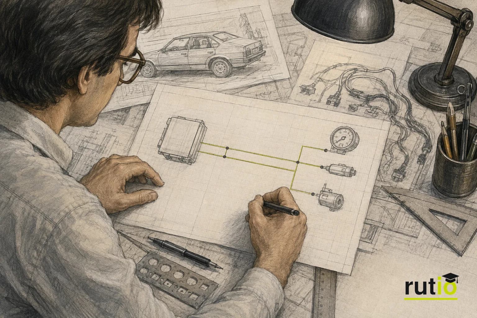 Ilustración editorial de un ingeniero de mediados de los ochenta diseñando en un tablero técnico una red compartida de dos cables