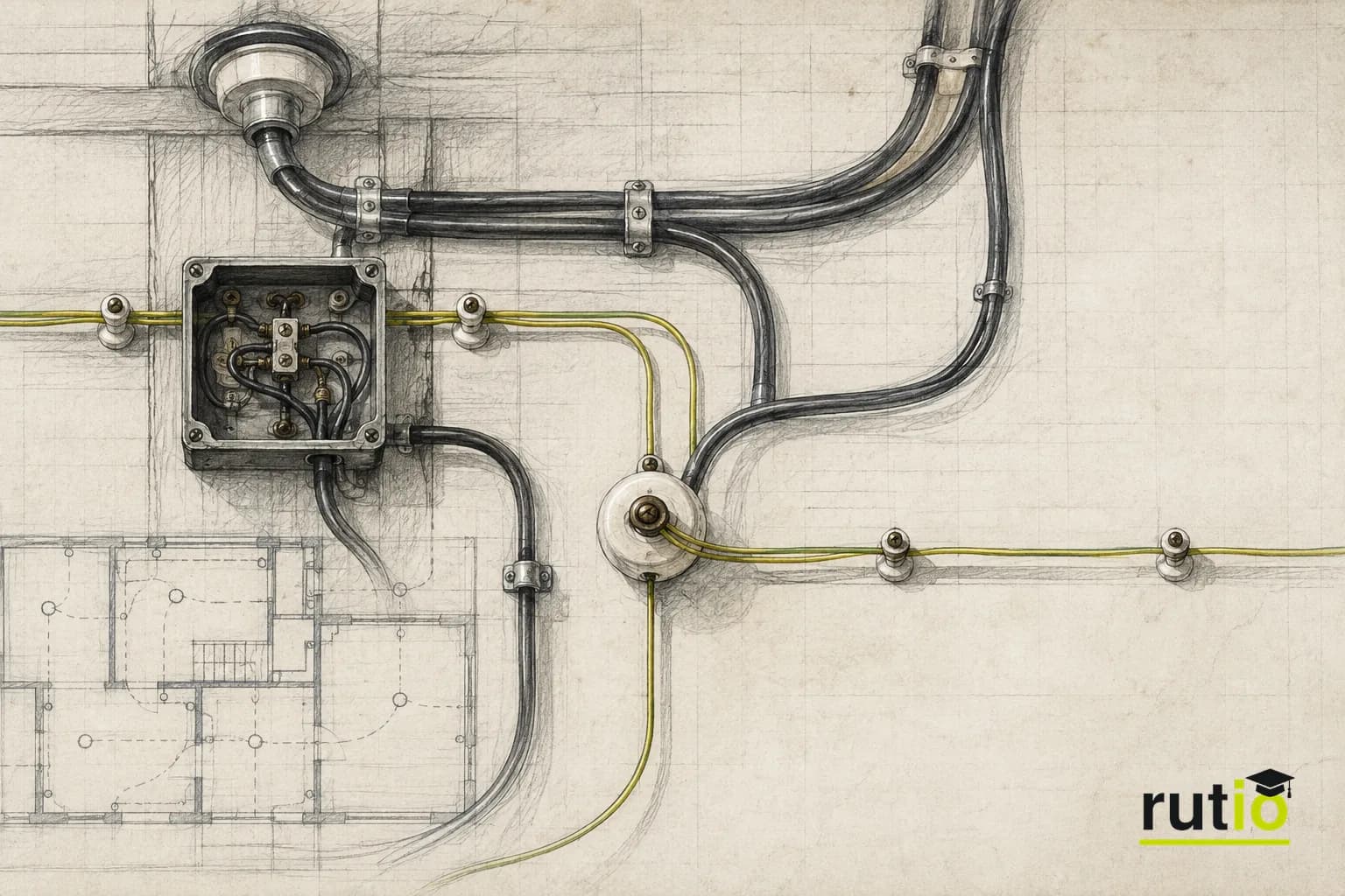 Ilustración editorial de dos redes de cableado superpuestas, una de datos compartida y otra de potencia punto a punto