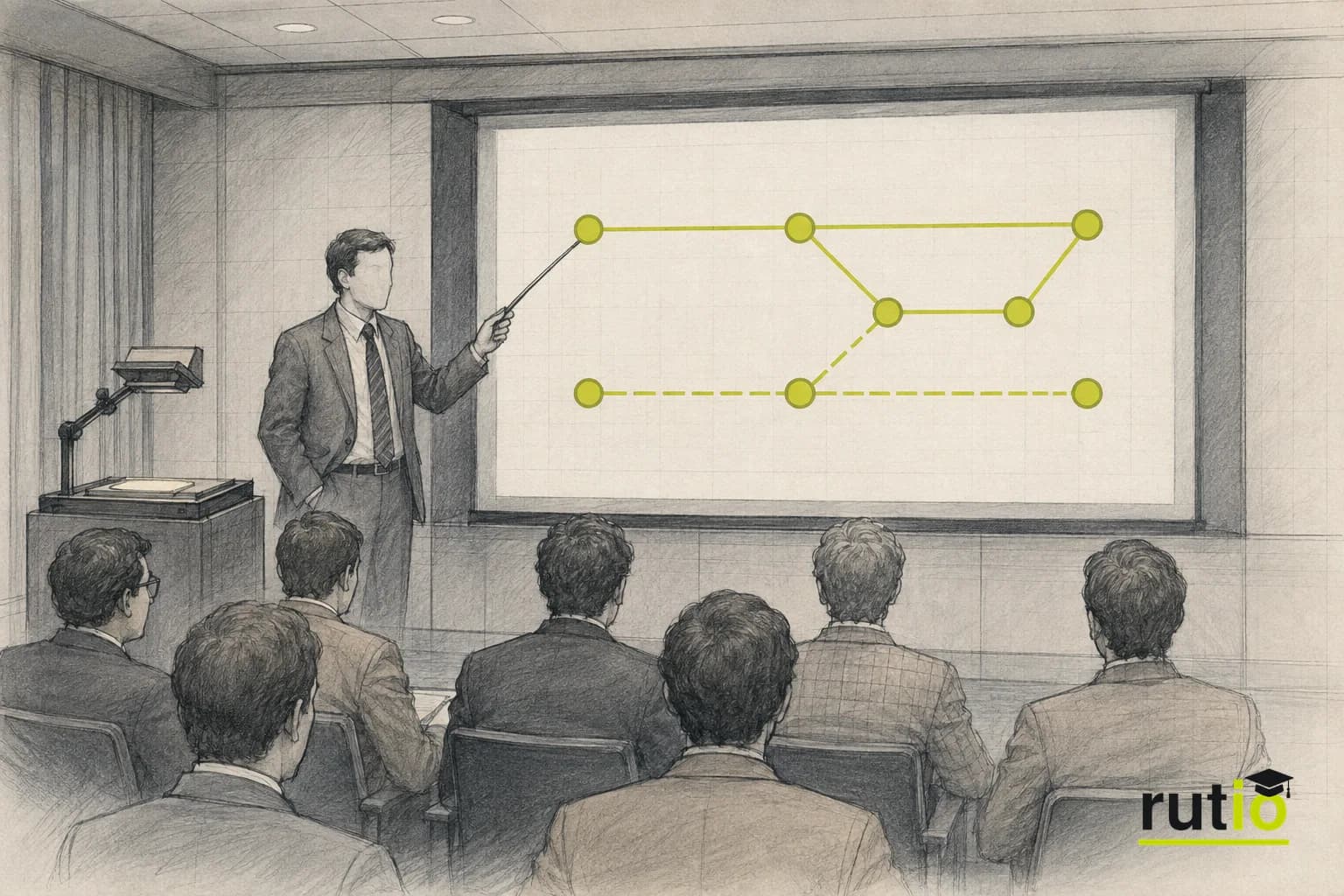 Ilustración editorial de una presentación técnica genérica en un congreso de ingeniería de mediados de los ochenta