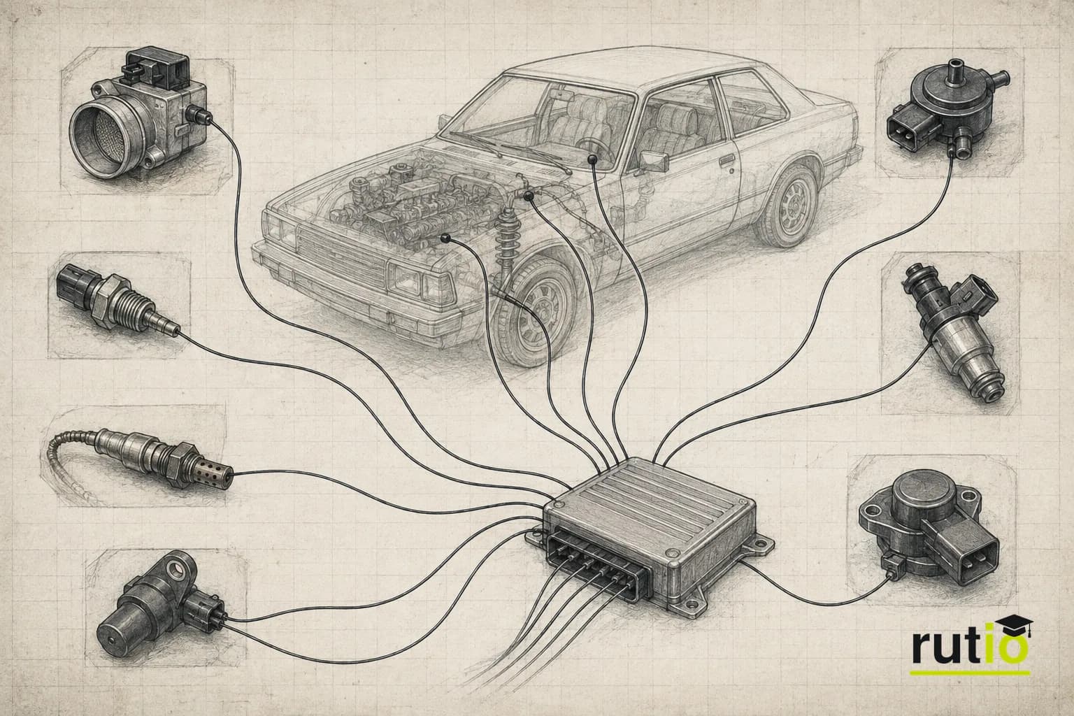 Ilustración editorial de múltiples cables individuales conectando distintos sensores de un auto genérico a una unidad de control central