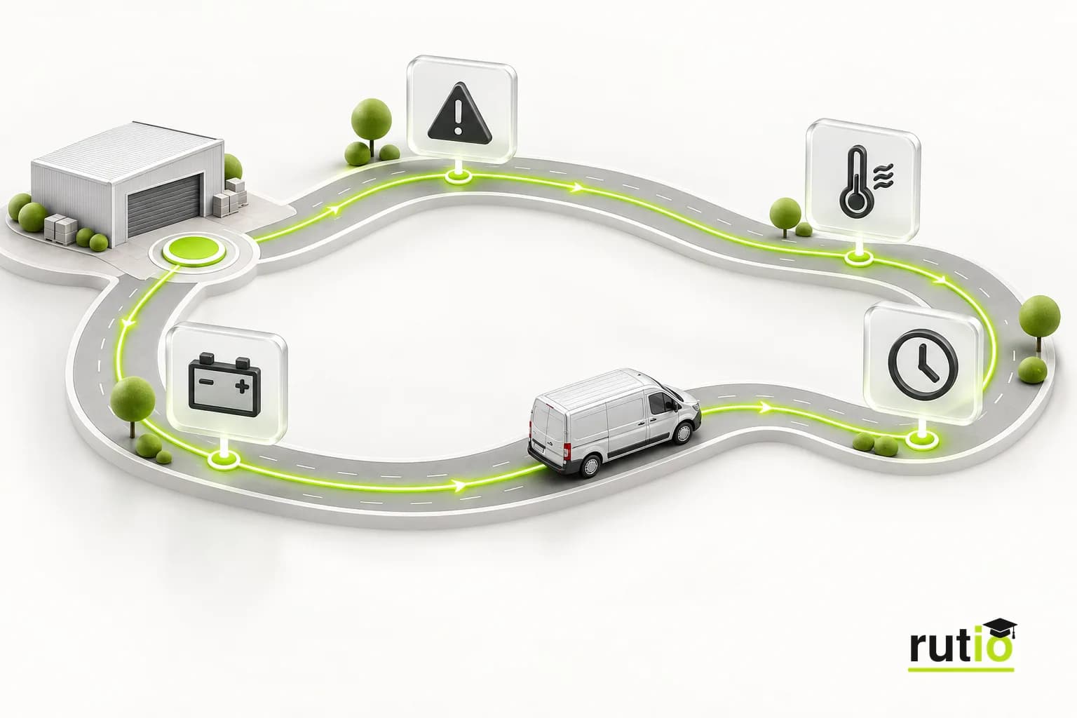 Recorrido de un día de una camioneta de reparto con los eventos detectados a partir de sus datos