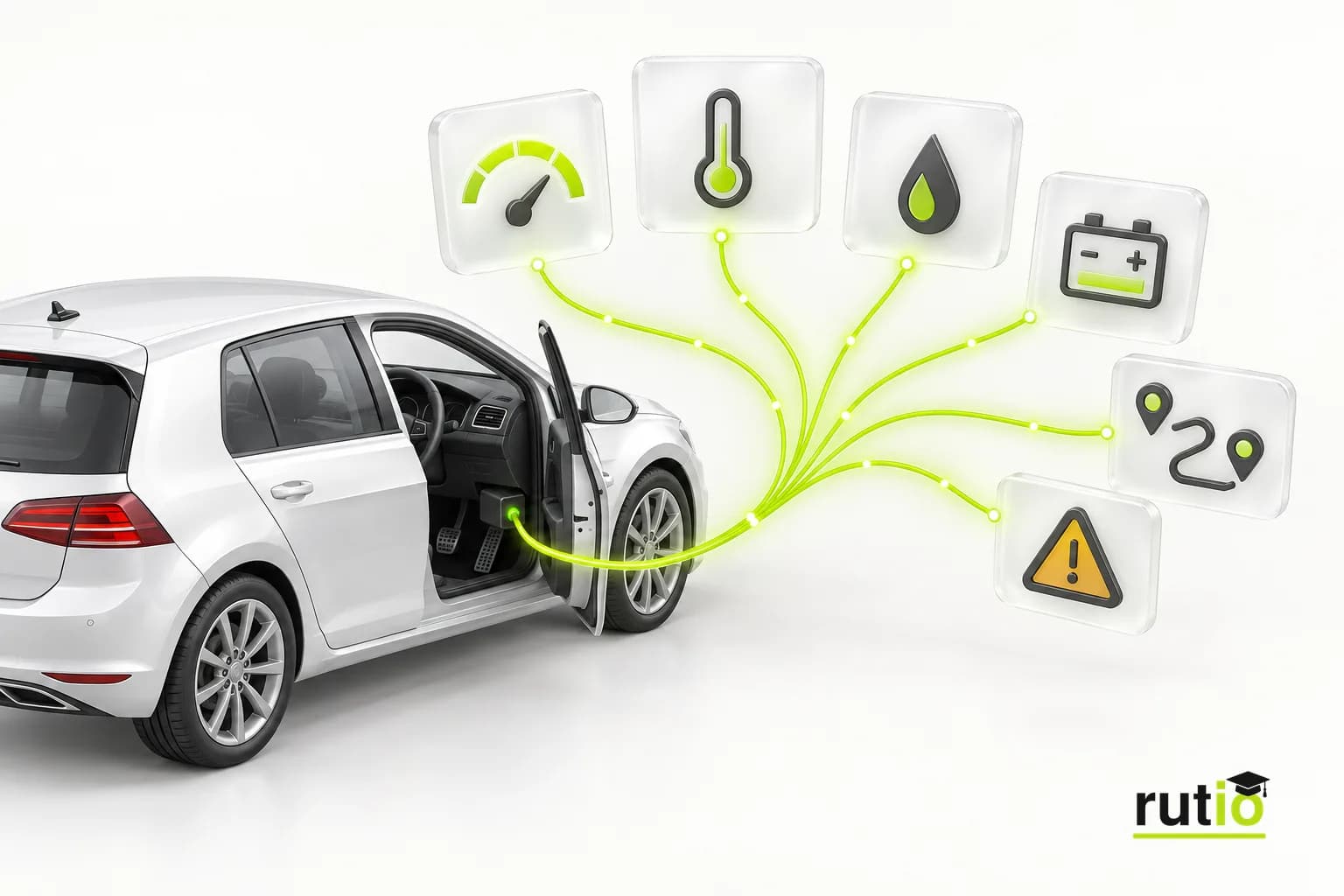 Señales de RPM, temperatura, combustible, voltaje, odómetro y fallas leídas por OBD2 y mostradas en la app de Rutio