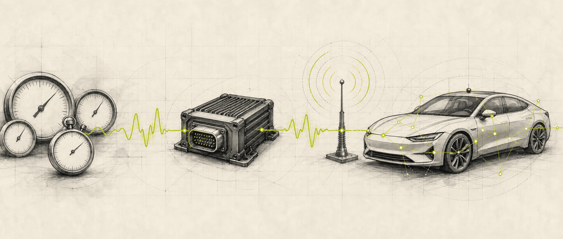 Ilustración editorial de la evolución desde instrumentos y registro a bordo hasta telemetría y un auto conectado
