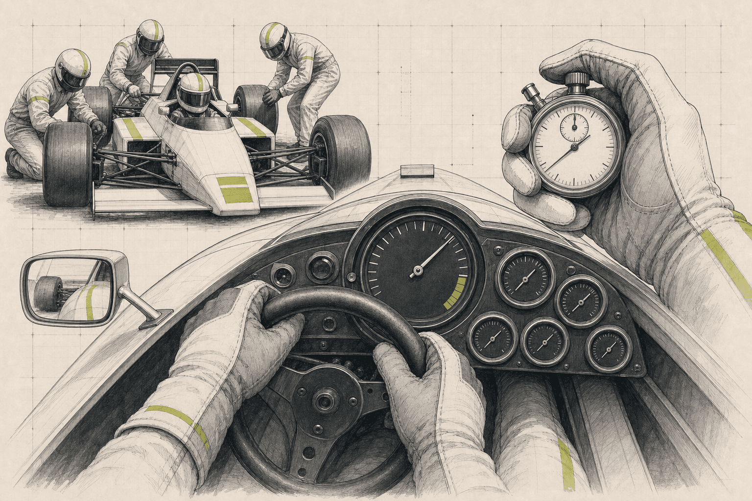 Ilustración editorial de instrumentos analógicos, cronómetro y cabina de un monoplaza de 1986