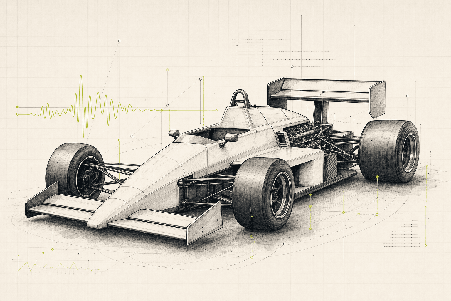 Ilustración editorial técnica de un Williams-Honda FW11 de 1986 rodeado por trazas de datos