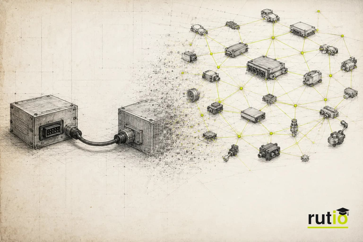Ilustración editorial de la evolución desde dos unidades de control conectadas por un cable dedicado hasta una red completa de un vehículo moderno
