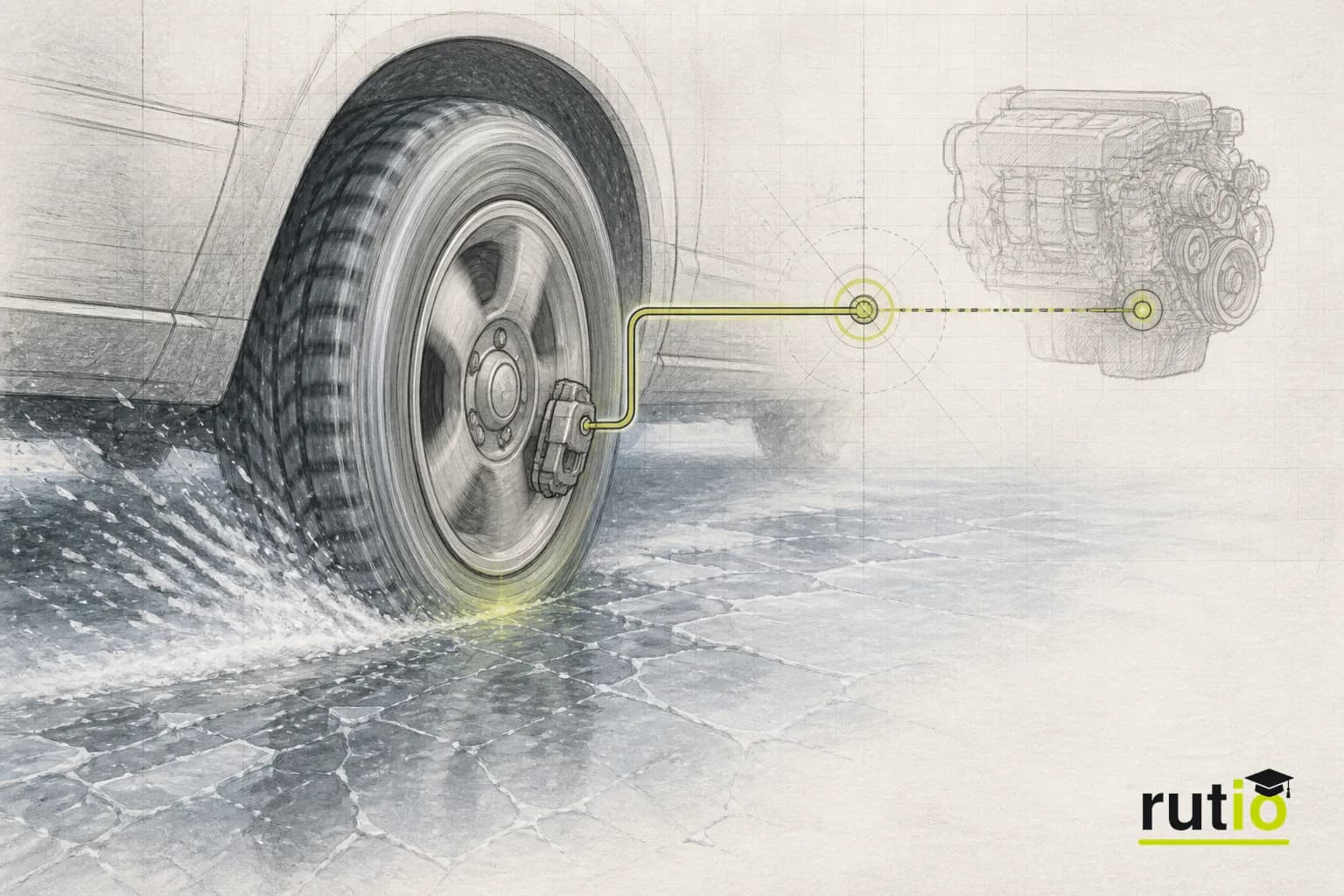 Ilustración editorial de una rueda patinando sobre hielo con dos intervenciones simultáneas representadas: freno individual y reducción de par de motor