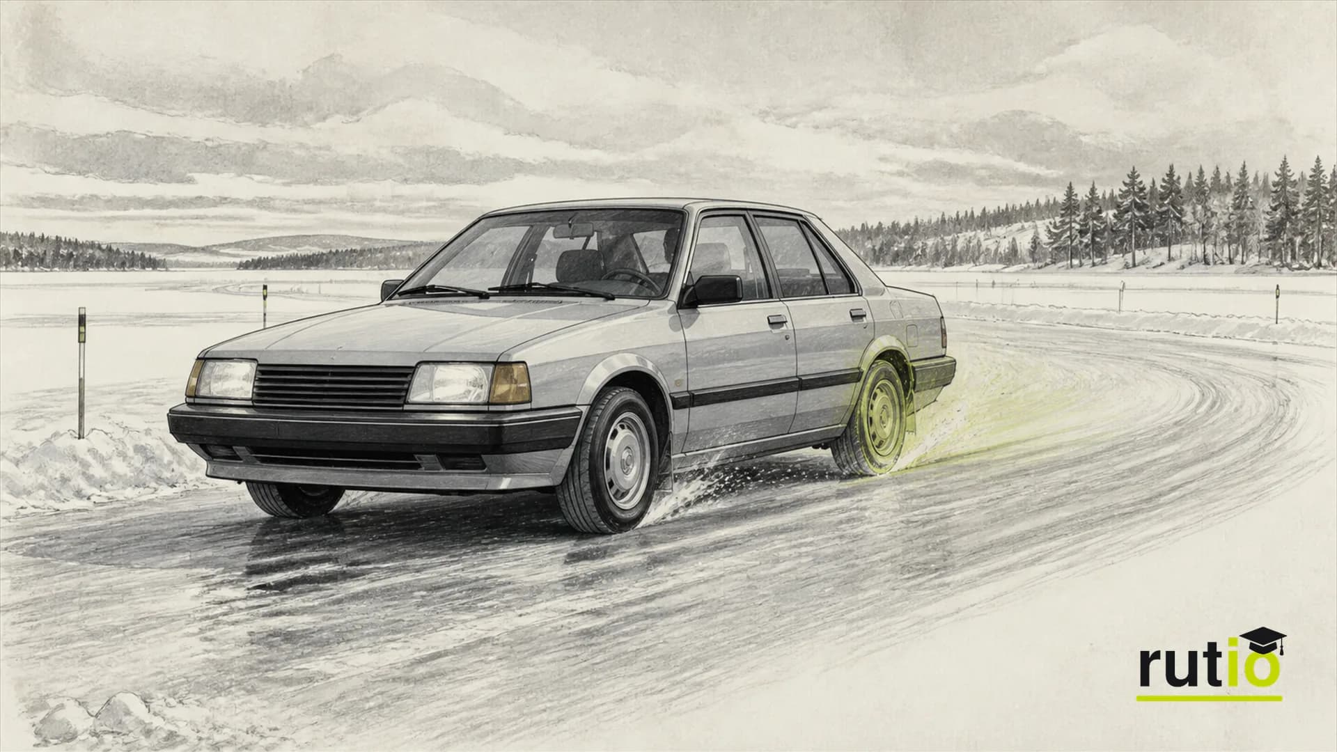 Ilustración editorial técnica de un auto de mediados de los años ochenta realizando pruebas de manejo sobre una pista helada