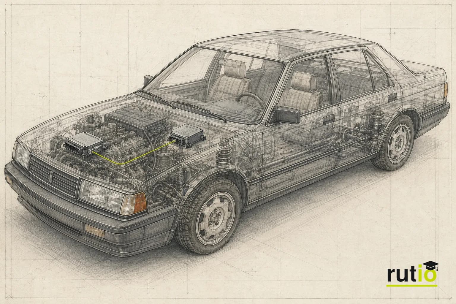 Ilustración editorial de un auto de gama alta de fines de los años ochenta con dos unidades de control conectadas entre sí bajo el capó