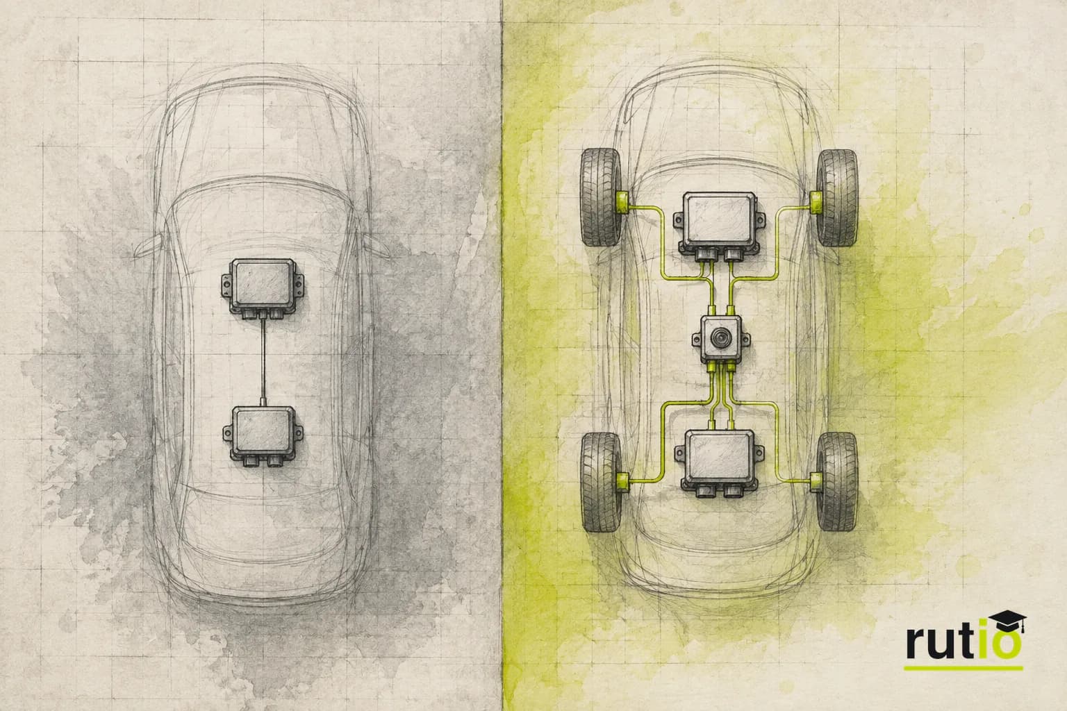 Ilustración editorial comparando dos etapas de sistemas de control: uno más simple de fines de los ochenta y uno más complejo con sensor de guiñada