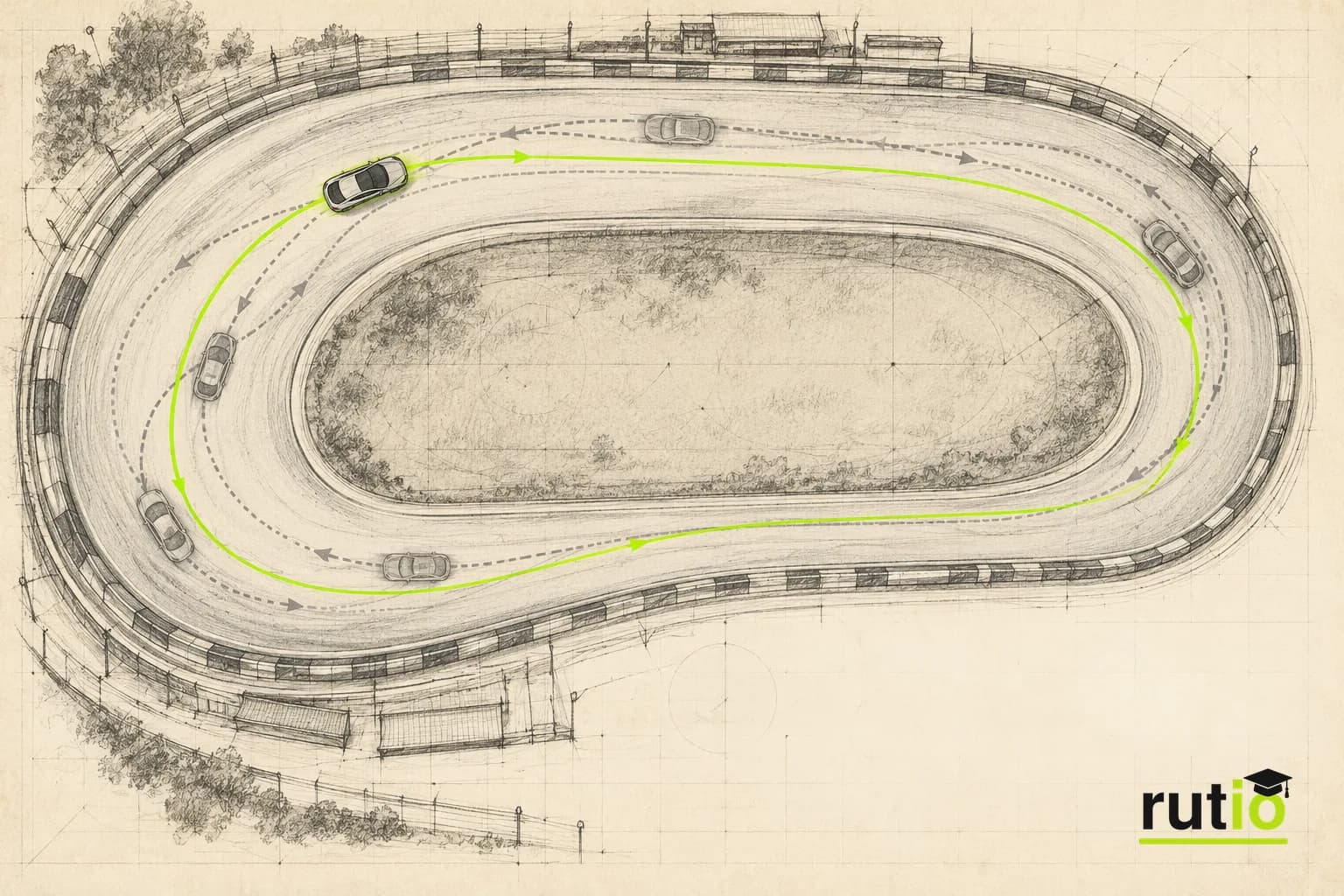 Ilustración editorial de un óvalo de carreras con un auto autónomo y varias trayectorias posibles, una de ellas elegida