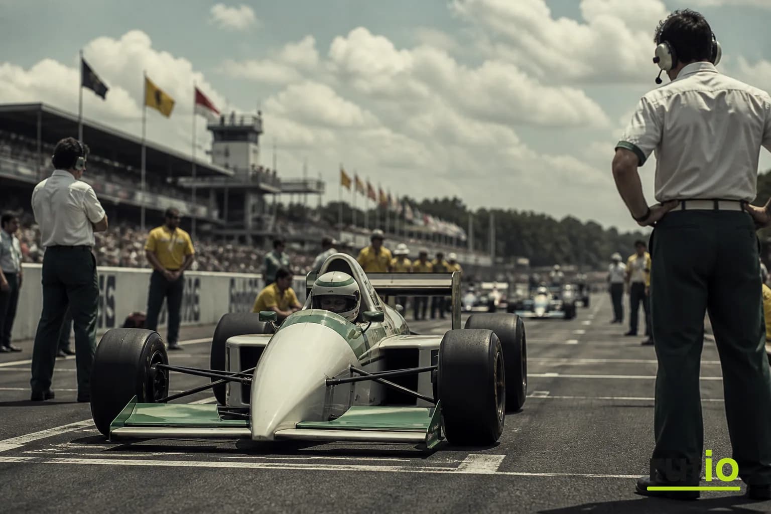 Ilustración editorial de un monoplaza genérico de comienzos de los 90 en la parrilla de largada de un circuito, con ingenieros observando