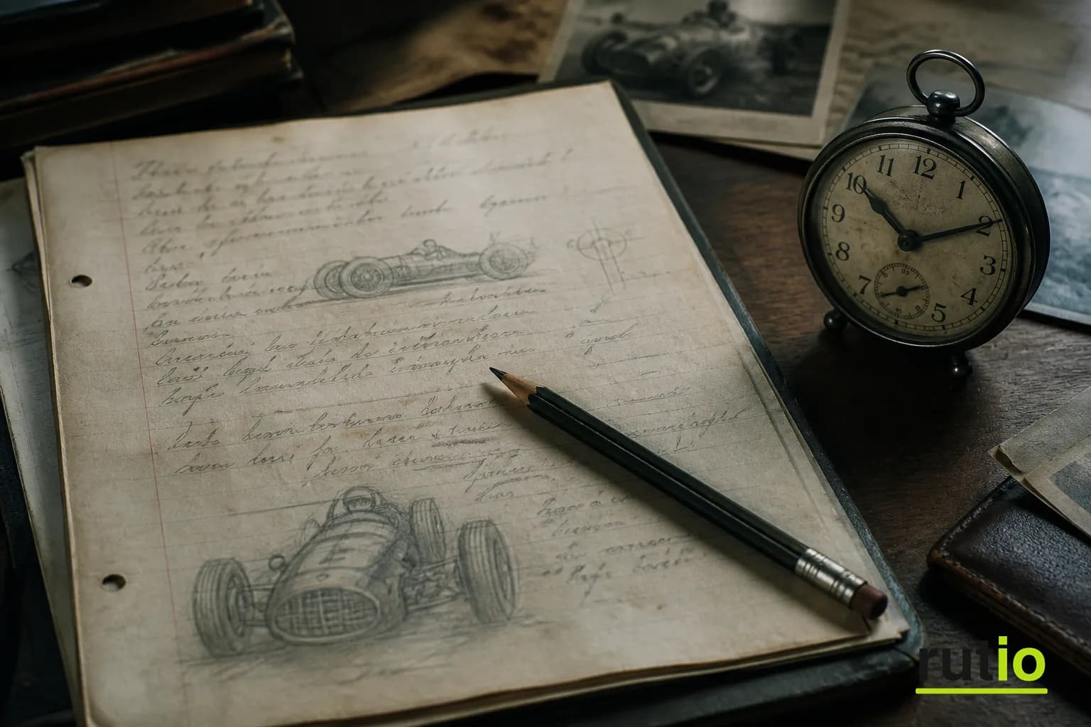 Ilustración editorial de una vieja libreta de anotaciones de ingeniero junto a un reloj analógico, sugiriendo un testimonio registrado años después