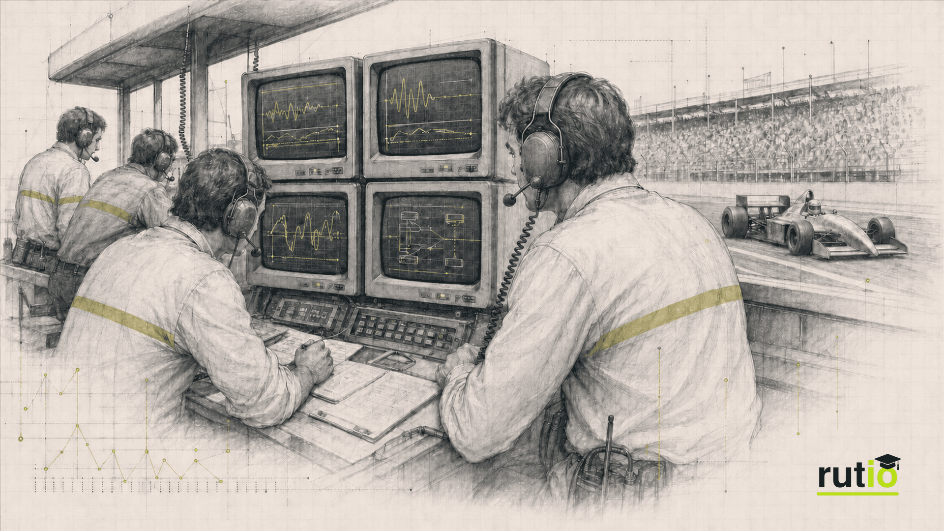 Muro de boxes de comienzos de los 90 con monitores mostrando trazas de datos durante una carrera