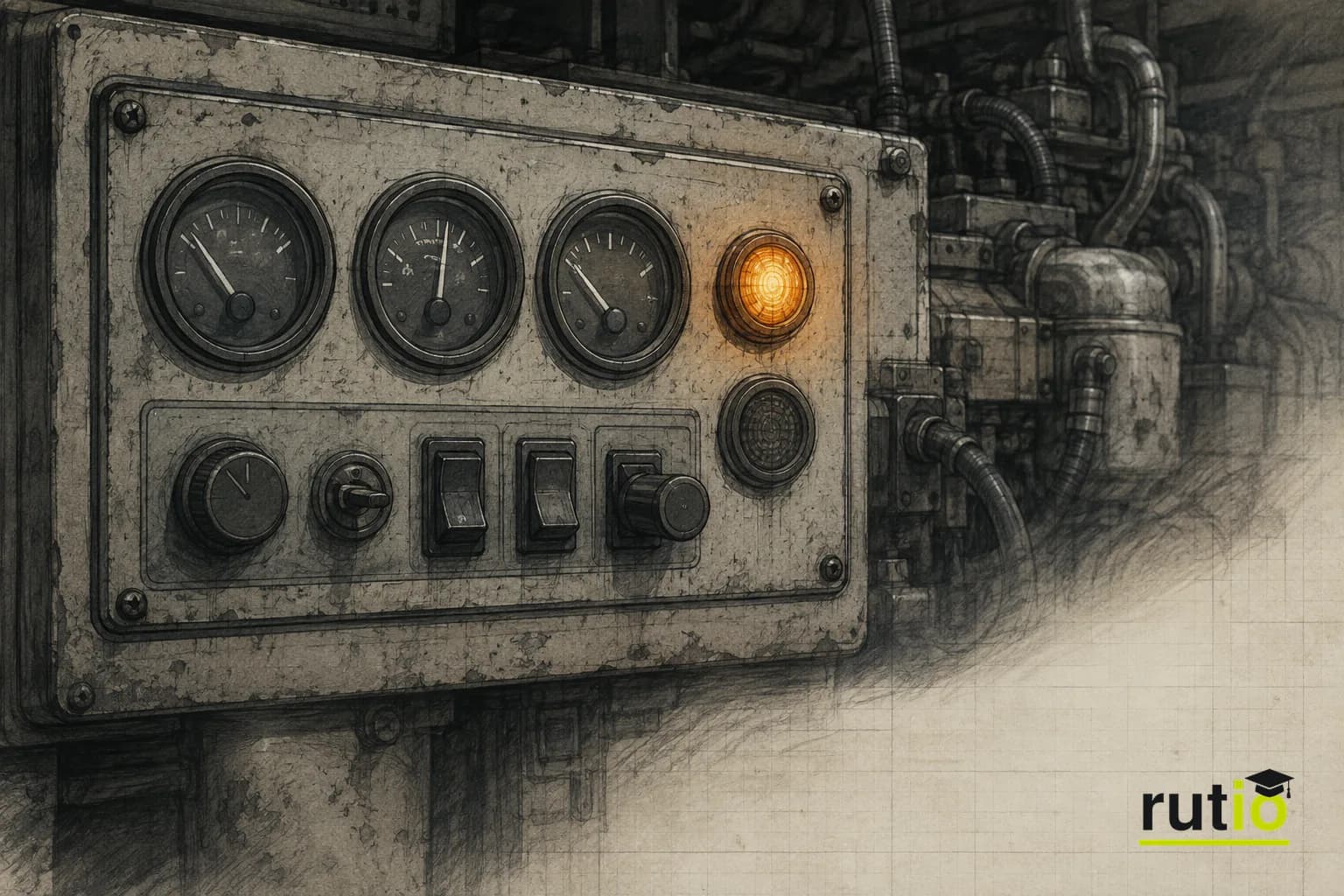 Ilustración editorial de un panel de control de motor diésel genérico mostrando una alerta reactiva al cruzar un umbral