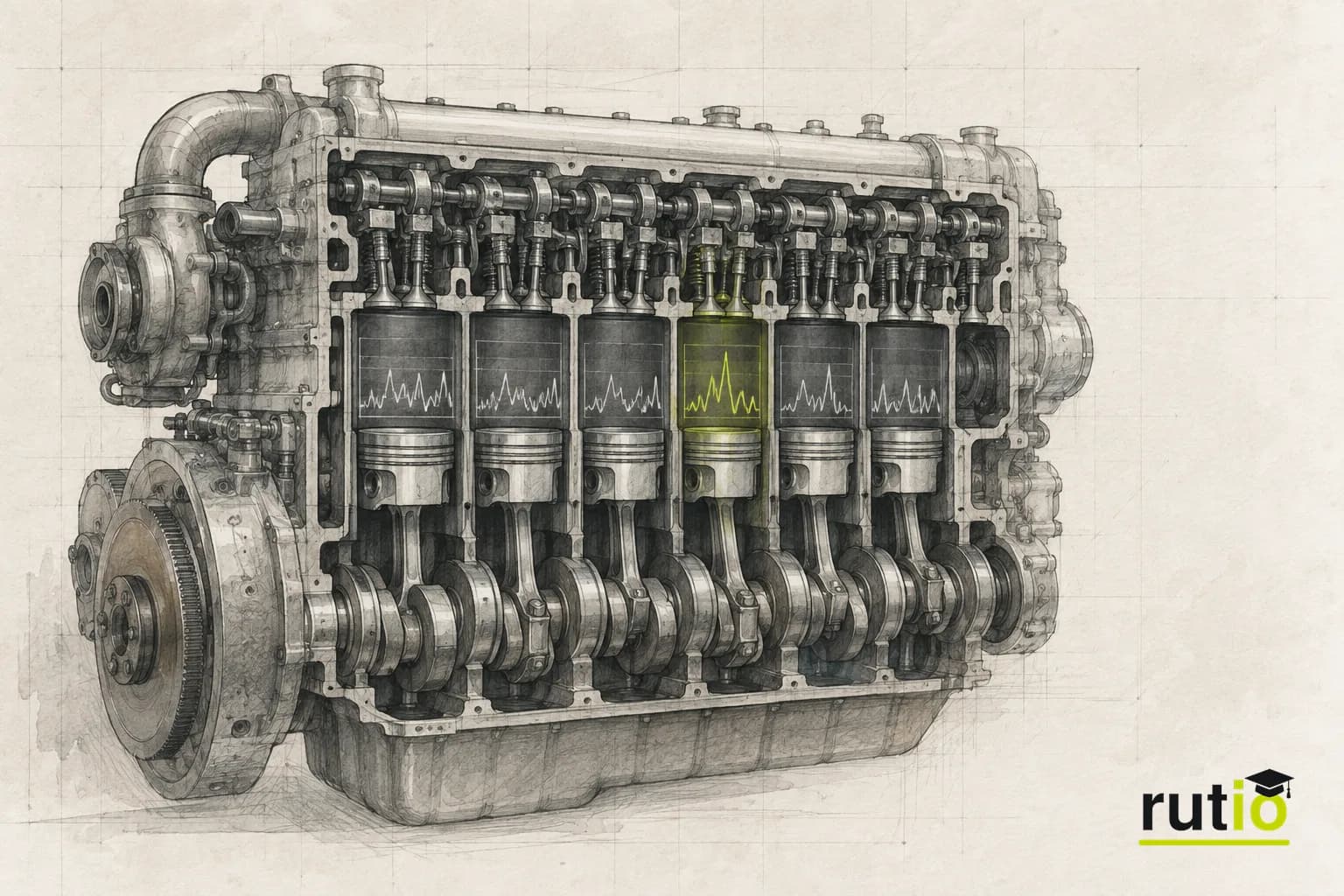 Ilustración editorial de un motor diésel genérico con un cilindro destacado por una tendencia de datos anómala detectada antes de una falla