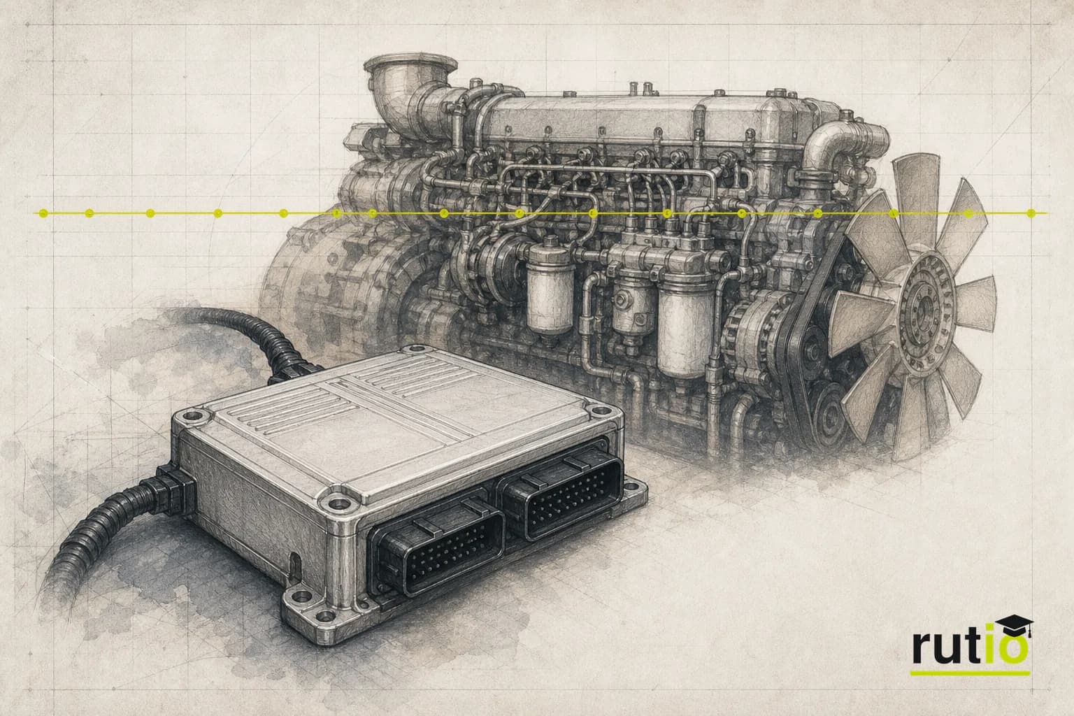 Ilustración editorial de una unidad de control de motor genérica estableciendo una línea base de desempeño durante las primeras horas de operación