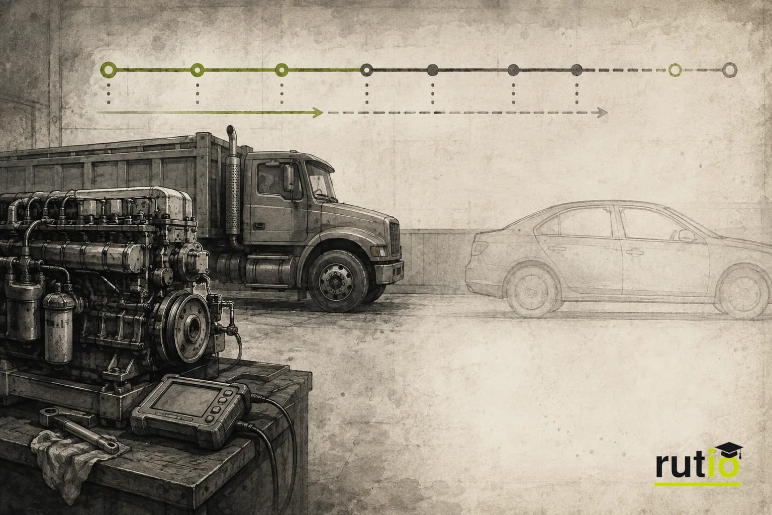 Ilustración editorial de una línea de tiempo comparando un motor diésel de flota de los años noventa con un auto de pasajeros de 2016