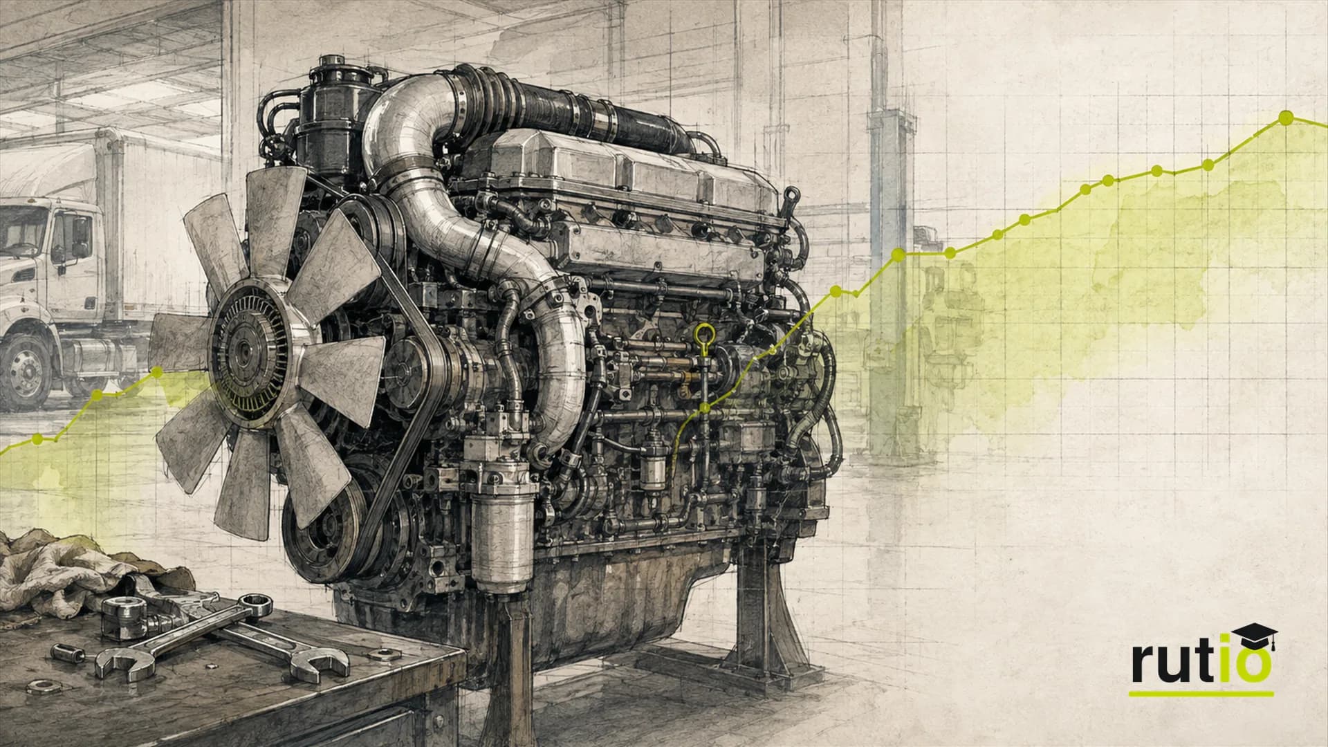 Ilustración editorial de un motor diésel de camión de flota de fines de los años noventa con una línea de tendencia de datos superpuesta