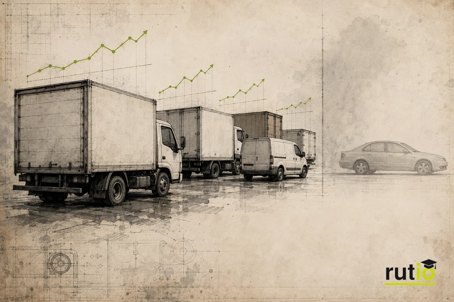 Ilustración editorial de una flota de vehículos comerciales con indicadores de tendencia frente a un único auto particular sin esa capacidad